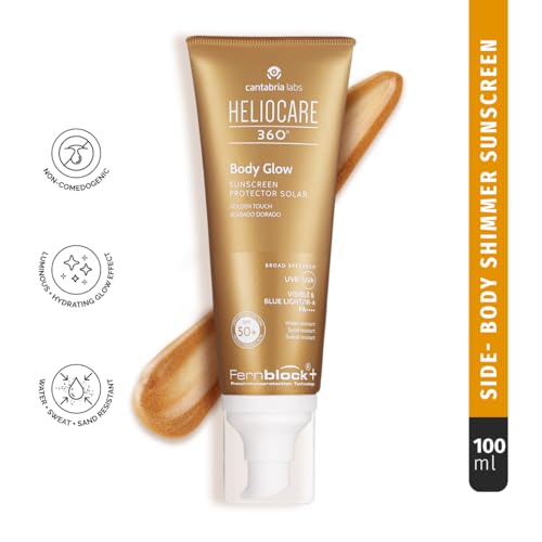 Image of Heliocare 360 Body Glow Sunscreen SPF50+ PA++++ | Golden Touch Shimmer | Broad-Spectrum UVA /UVB, Visible & IR Protection | Fernblock+ Antioxidants | Water & Sweat Resistant | 100 ml