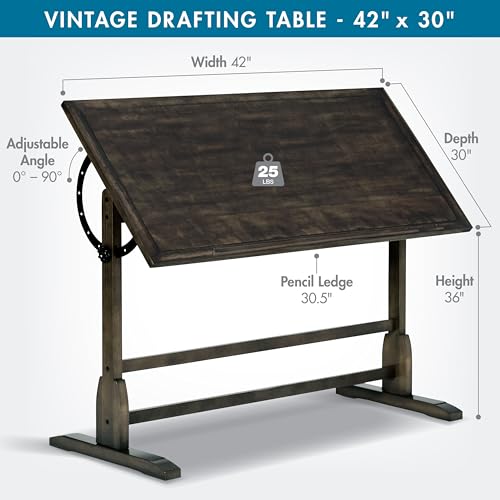 Image of Studio Designs Vintage Drawing /Drafting Table with Pencil Ledge - 42 inch W x 30 inch D - Distressed Black - Adjustable Tilting Top