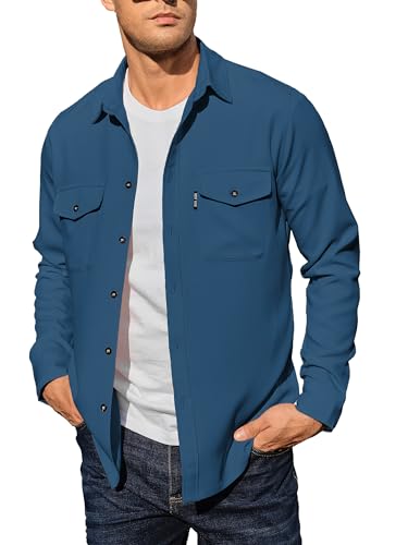 Image of Comdecevis Men's Casual Shirt Shacket Long Sleeve Button Down Lightweight Jacket Overshirt with Flap Pockets Gray Blue