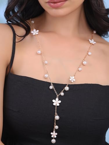 Image of Yellow Chimes Long Chain Necklace for Women Floral Pearl Fashion Long Chain Necklace Pendant for Women and Girls