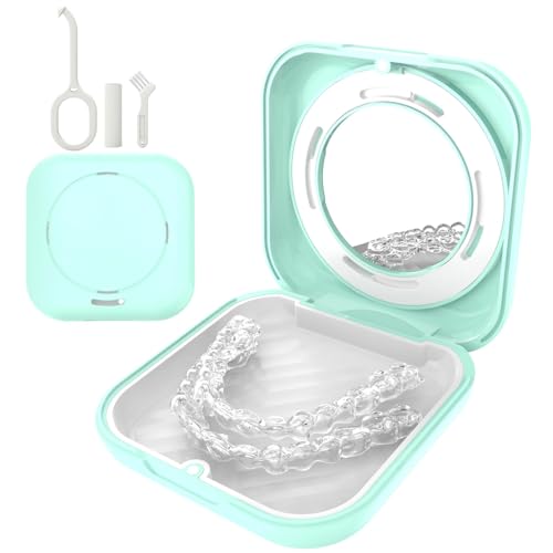 Retainer Case With Mirror And Adjustable Vent Holes Cute Slim Aligner Case Compatible With Invisalign Night Mouth Guard Case With Retainer Removal Tool And Brush (MintGreen)