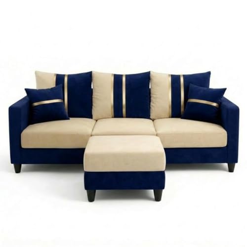 Image of Jester 4 Seater L Shape Sofa Set with Movable Ottoman | Flexible Left or Right Layout | Luxury Velvet Suede Fabric | Modern Living Room Sofa | Dark Blue-Cream