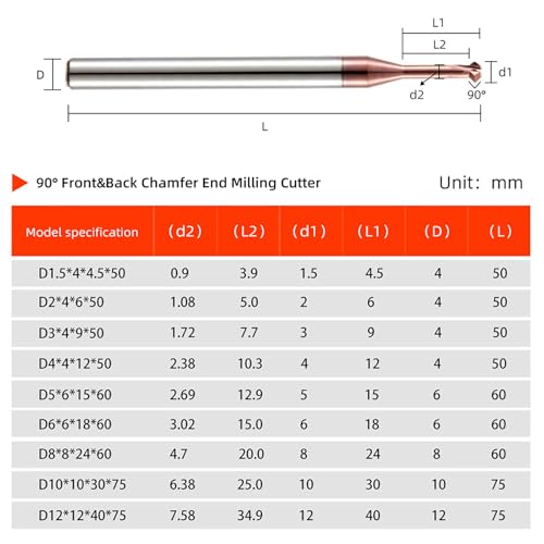 LUOCUT 90 Degree Chamfer End Milling Cutter Front&Back Deburrer Solid Carbide Coated for Metal Hole Internal Burr Removal CNC Tool - 5pcs D3.0 * 4 * 9 * 50 * 90° - Thumbnail 4