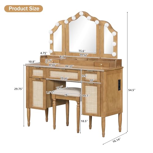 Image of JIVOIT 44.37 inch Makeup Vanity Desk with Tri-Fold Mirror, Large Vanity Table with 5 Drawers and Shelves and 2 Cabinets, Dressing Table, Easy Assembly