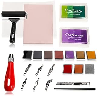 Patioer 18 Pcs Rubber Stamp Making Kit Block Print Tool Set Linoleum Cutter with 6 Type Blades, Tracing Paper, Rainbow Ink Pad, Pink Rubber Carving Block, Brayer Roller for Stamp Carving Crafts