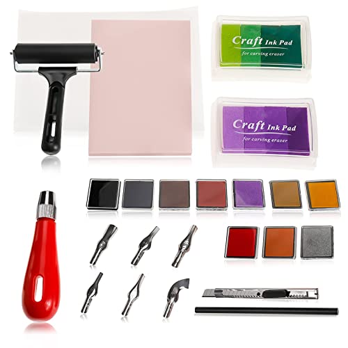 Patioer 18 Pcs Rubber Stamp Making Kit Block Print Tool Set Linoleum Cutter with 6 Type Blades, Tracing Paper, Rainbow Ink Pad, Pink Rubber Carving Block, Brayer Roller for Stamp Carving Crafts