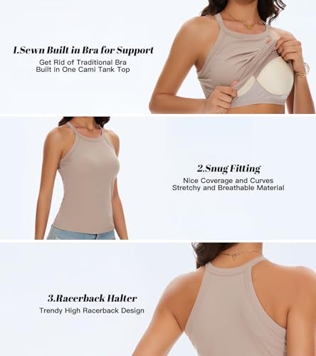 Image of Womens Racerback Ribbed Tank Top Camisole with Built in Bra Sport Yoga Top | Ribbed Top with Built in Bra,Not Removable,Slim Fitted,Halter Top Shirt,Sleeveless High Neck,Racerback,Sports Run Yoga Travel
