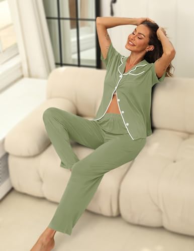 Image of HNG Women Pajamas Set 2 Piece Button Up Pajamas Pant and Short Sleeve Shirt for Woman Pj Sets with Pocket