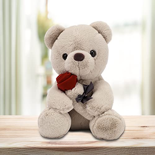Teddybär, Plüsch-Bär, Teddy mit Rose, 23 cm Teddybären Rose Stofftier Spielzeug Dekozimmer Kissen, Plüschtier Kuscheltier Schmusetier Geschenke für Mama, Kinder Mädchen, Geburtstag, Valentinstag