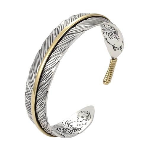 CZMZHFC Native American Style Feather Cuff Bracelet Adjustable Silver Color Gold Edged Feather Bangle for Men & Women Vintage Tribal Open Cuff Bracelet Native American Jewelry Accessories