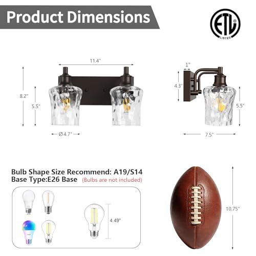 Image of Bathroom Light Fixtures Farmhouse Oil Rubbed Bronze Vanity Lights for Bathroom Lighting Fixtures Over Mirror with Hammered Glass Lampshade for Cabinet Mirror Bedroom Hallway 2 Light