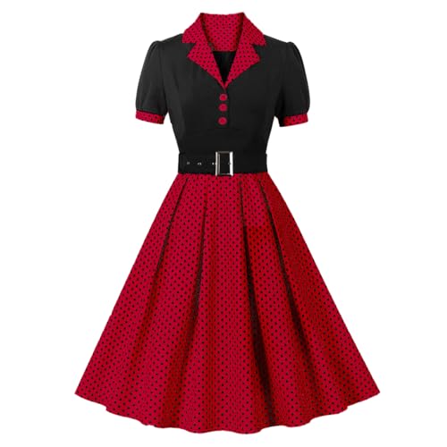 ODIZLI Women's 1950s Retro Dress Short Sleeve Notched Lapel Polka Dot Stripe Swing Dress with Belt Cocktail Dress