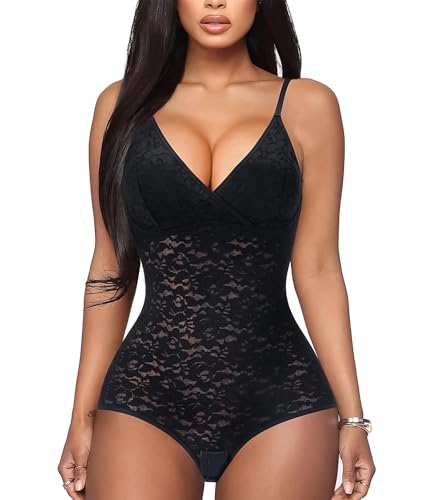 Image of BRABIC Lace Bodysuit for Women Tummy Control Shapewear Sleeveless Tops V-Neck Backless Camisole Jumpsuit Shaper