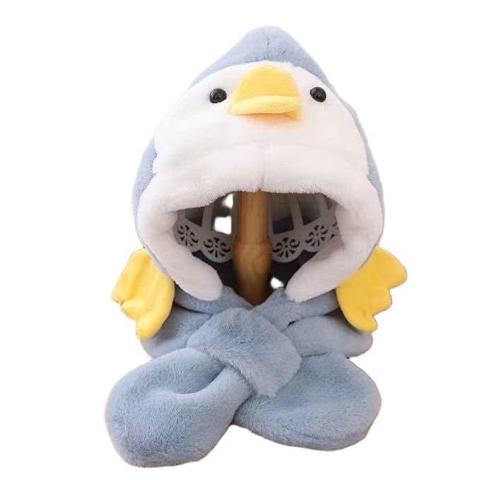 Kids Winter Penguin Design Cap & Scarf Set, Warm Plush Fleece Animal Hood with Earflap Beanie, Cozy Winter Hat for Baby & Toddlers (1–5 Years) Grey