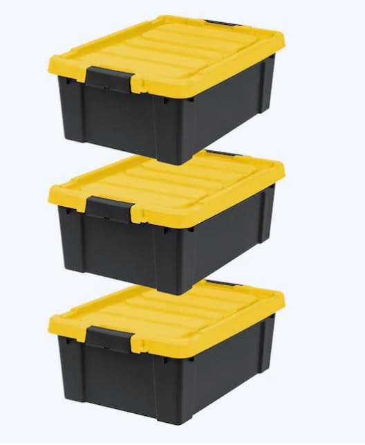 Heavy Duty Stackable Storage Tote with Latching Lid, 12-Gallon (48-Quart), Black, 3-Pack