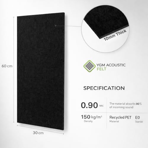 Image of YGM Acoustic Foams Luxury PET Felt Acoustic Self Adhesive Panels, 10 MM Thick, Sound Absorbing Panels for Wall | Room Noise Reducer & Sound Dampening (OG Black, 1x2 Foot - 16 Panels)