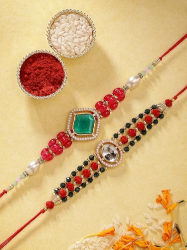 Image of Sukkhi Rakhi Excellent Kundan & Pearls Designer Gold Plated Premium Rakhi for Brother with Roli Chawal & Greeting Card|Rakhi for Brother /Bhaiya /Bhai /Men|Kundan Rakhi|Rakhi Combo-Set of 2