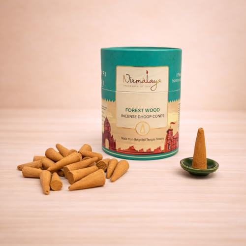 Image of Nirmalaya Premium Forestwood Dhoop Cones | 60 Bambooless Incense Cones with Stand | Made from Sacred Flowers | Charcoal Free Cones | 25 Min Burn Time for Pooja & Meditation