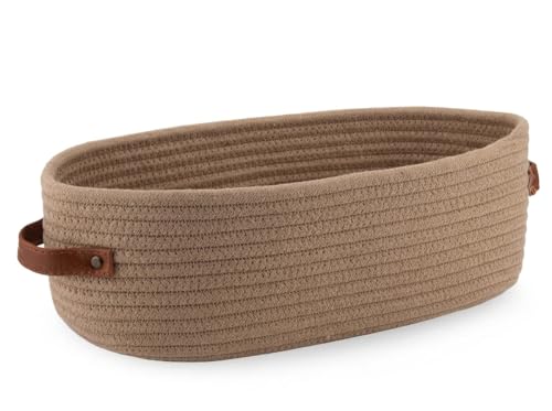 Image of AuraNest Jute Cotton Round Storage Basket | Handmade Rope Shelf Organizer Bin | Multipurpose Gift Basket for Kitchen, Toys, Closet & Home Decor | Eco-Friendly Woven Basket (Beige-Ovel)