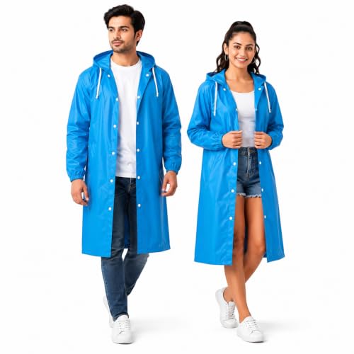 Image of Full Length Waterproof Raincoat for Men & Women | Hooded Transparent Rain Wear with Sleeves | Reusable Long Rain Jacket for Bike Riding, Travel, Camping & Monsoon Protection