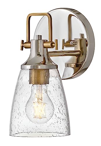 Image of Hinkley Easton 51270PN Single Light Bath Vanity Fixture, Modern Industrial, Clear Seedy Glass Shade, Mounts Up or Down, Polished Nickel and Heritage Brass