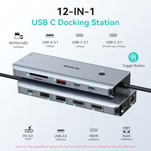 Image of MOKiN 12-in-1 USB C Docking Station, 3 HDMI 4K@60Hz Triple Display Hub with 100W PD, 10Gbps USB-C /A Port, Gigabit Ethernet, SD /microSD Card Reader, Screen Control Button for Laptop Windows