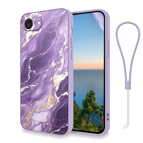 Coque iPhone 16e antichoc en silicone violet avec dragonne pratique et design marbre
