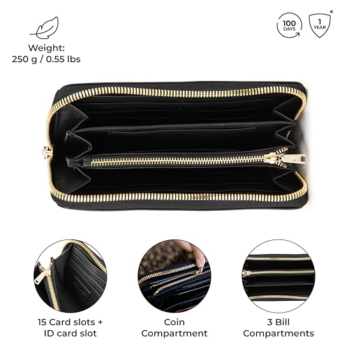 Image of BERLINER BAGS Genuine Leather Zip Wallet Women Lyon, Gift Box - Black /Gold | Soft Leather Zip Around Wallet, Fits up to Phone 6.9 inch, 15 Card Slots, 1 ID Window, 3 Bill Slots, 1 Coin Pocket, RFID Blocking