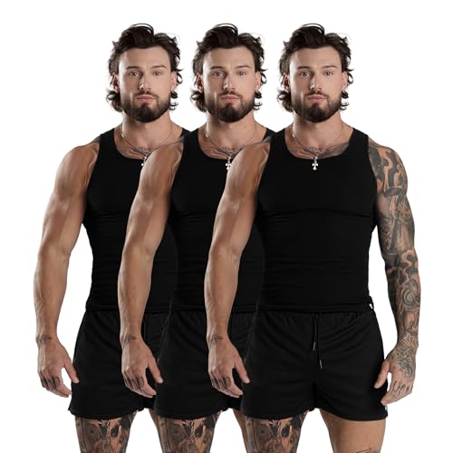 Gymreapers Mens Tank Tops Ribbed Sleeveless Undershirts - Cotton Fit Breathable Tank for Gym Workout & Training - Pack of 3 (US Alpha Medium Regular Regular Black)