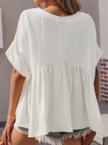 Tankaneo Womens Summer Babydoll Tops V Neck Short Sleeve Pleated Flowy Shirts Casual Loose Fit Peplum Blouse4