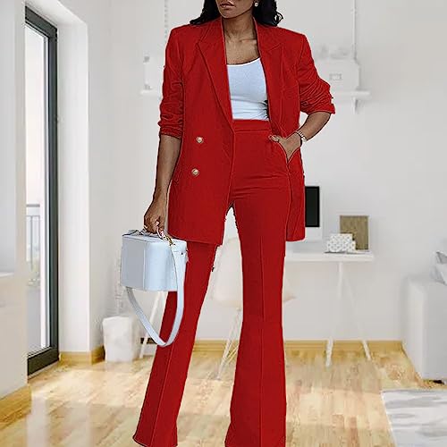 Blazer feminino de 2 peças com gola de lapela e calça de trabalho de pernas largas casual, cor lisa,