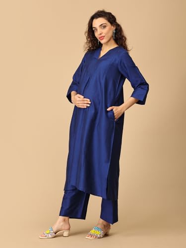 Image of The Mom Store Women's Raw Silk Maternity and Nursing Kurta Set | Front Zipper for Easy Feeding Pre and Post Pregnancy