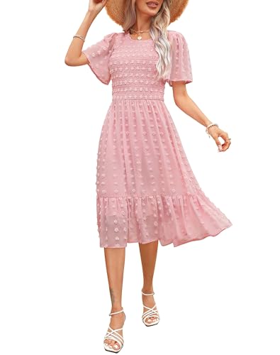 Image of Kranda Women 2025 Summer Spring Round Neck Flutter Short Sleeve Casual Swing Flowy Ruffle Smocked Swiss Dot Midi Dress