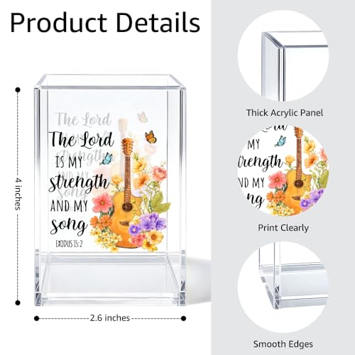 Image of The Lord Is My Strength And My Song Pen Holder Makeup Organizer, Funny Guitar Scripture Christian Pencil Pen Holder for Desk, Exodus 15:2 Bible Verse Desk Accessories, Religious Gifts Pencil Cup