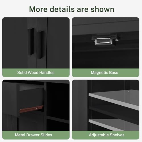 FIONESO Storage Cabinet, Floor Cabinet Wooden Storage Organizer, Coffee Bar Cabinet with 2 Doors and 3 Shelves, Cupboard for Entryway/Living Room/Bathroom, Black - Thumbnail 7