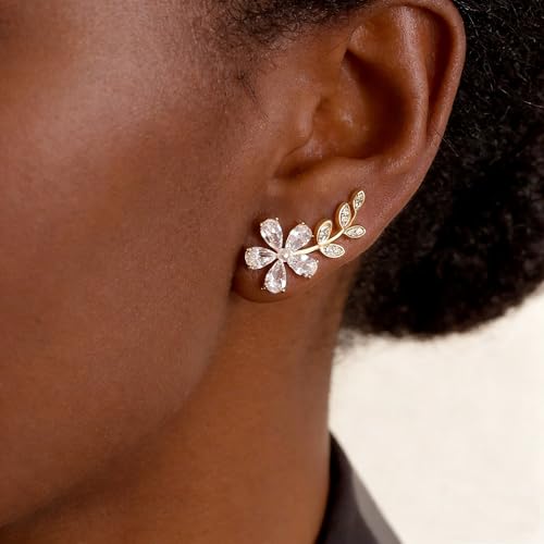 Gold Plated Climber Earrings for Women Ear Crawler Earrings Cubic Zirconia Trendy Flower Leaf Cuffs Studs Earring Dainty Earrings Gifts by MOLIDAY - Used condition - Image 3