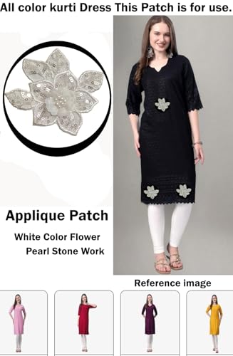 Image of White Flower Applique Patch Embroidered - Pearl Stone & Zardosi Sequins Work on Fabric, 3.5.x3.5 Inch, Pack of 4 - Perfect for Sarees, Dresses, Dupattas & Crafts