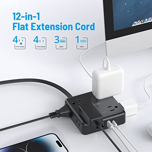 Power Strip Surge Protector - Flat Plug Extension Cord, Trond 8 Widely-Spaced Outlets, 4 Usb Charger(1 Usb C Port), 5Ft Ultra Thin Cord, 1440J, Flat Wall Plug, Desk Charging Station For Travel, Black #TOP2