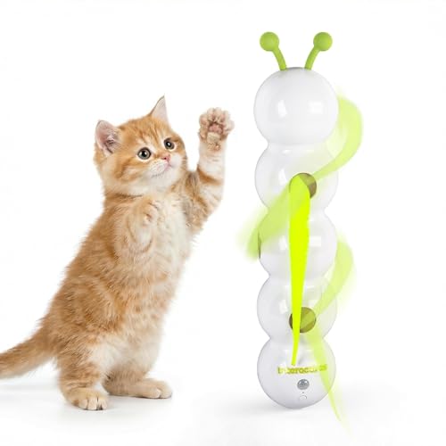 ALL FOR PAWS Interactive Cat Toy for Indoor Cats Automatic Motion Activated Fluffy Tail Cat Toy Electric Teaser Wand for Kittens & Bored Cats USB Rechargeable Caterpillar Toy with Suction Cup