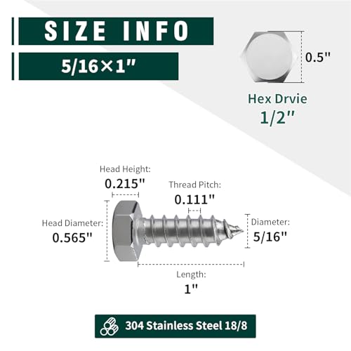 5/16" x 1" Hex Head Lag Screws Bolts for Wood, 304 Stainless Steel 18-8, Heavy Duty Lag Bolts, Hexagon Head Wood Deck Screws 20 PCS by EASTLO - Image 3