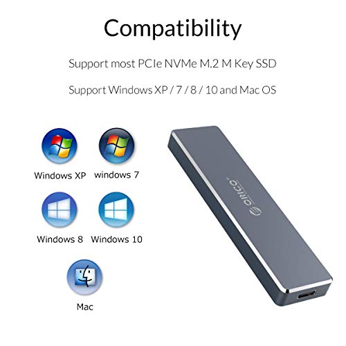ORICO Alluminio M.2 NVMe SSD Enclosure, M-Key Ultra-Slim per USB3.1 Gen2 Type-C 10 Gbps External Hard Case Case, archiviazione Fino a 2 TB per Samsung 970 Evo / 970 PRO/Crucial P1-Grigio