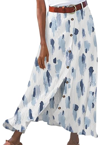 MAYRAIN Women Casual Cotton Linen Maxi Beach Skirts Ruffled Button Front Long Skirts Lightweight A Line Skirt