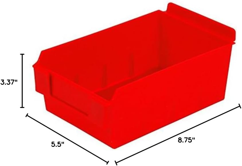 Slatwall Storage / Display bin, Plastic (polypropylene), 8.75" L x 5.5" W x 3.37" H, Red (12 Pack) Fits grid and pegboard with optional adapters.