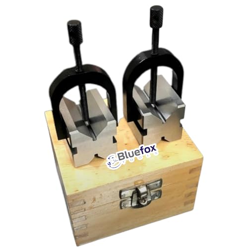 BLUEFOX TOOLS V Block Set - Clamp Hardened Steel 90 Degree Angle Precision, 1-5/8x 1-1/4 x 1-1/4 | Mechanical Tool Set, Multi-Purpose Use for Machining & Layout | Engineering Product with Wooden Box