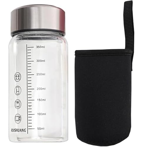 Otbushit Botella de vidrio de alto borosilicato con indicador de temperatura, botella de agua transparente de 350 ml con medidas, tapa a prueba de fugas para bebidas frías y calientes