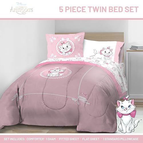 Image of Disney Aristocats Marie Twin Comforter Set 5 Piece Kids Bedding, Pink | Bed in a Bag, Comforter Sheets Sham Pillowcase, Official Brand, Soft Microfiber, Machine Washable, Easy Care, Girls Gift