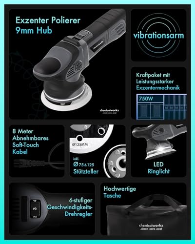 Poliermaschinen Set: chemicalworkz DA9 Pro Exzenter Poliermaschine + Sonax Politur Set + Royal Pads Premium Polierpads + Dr. Wack Lackversiegelung + Zubehör | 14-teilig