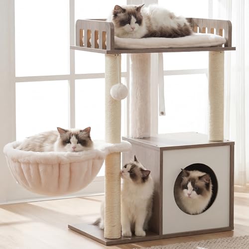 Heybly Modern Cat Tree, Wooden Cat Tower with 3 Scratching Posts, Cat Condo for Indoor Cats with Wood Cat Cave, Plush Perch, Basket, Pompom, Rustic Gray HCT007SSG