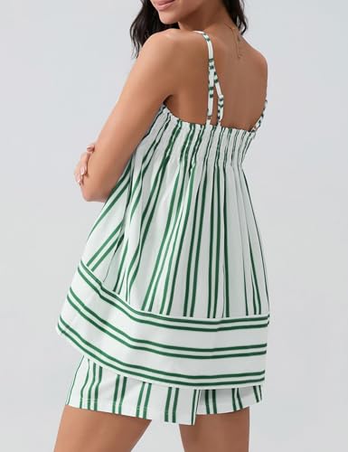 Image of Wyeysyt Women 2 Piece Lounge Set Striped Pajama Set Ruffle Hem Cami Tops and Stripe Boxer Shorts Pj Set Sleepwear
