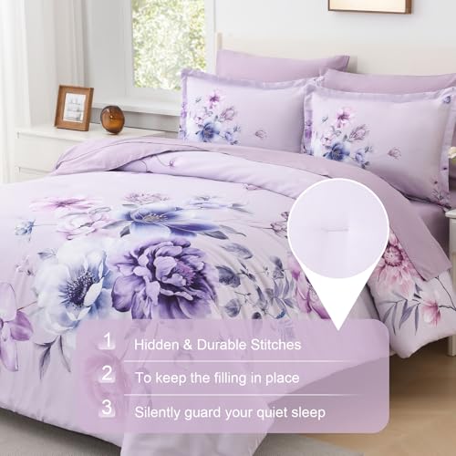 Image of Floral King Size Comforter Set - 7 Piece Botanical Purple Flower Bed in a Bag Ulter Soft Microfiber Bedding Set, Lightweight Bed Comforter Set with Sheets for All Season (Purple, King)